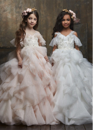 Cold Shoulder Beaded Lace Tulle Ruffle Sparkle Flower Girl Dress